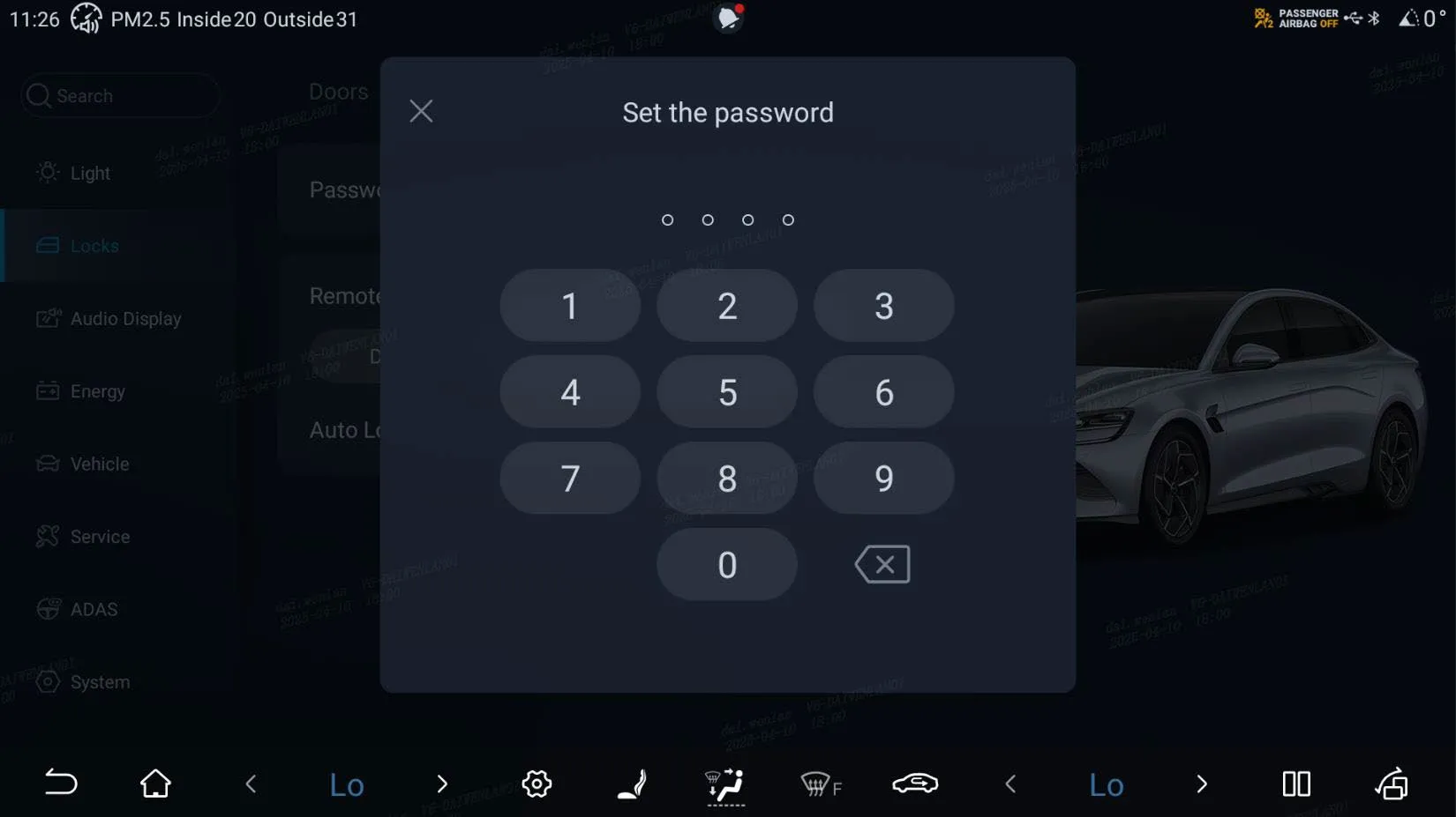Set the password dialogue on the head unit with four empty digit dots and an on-screen numeric keypad.