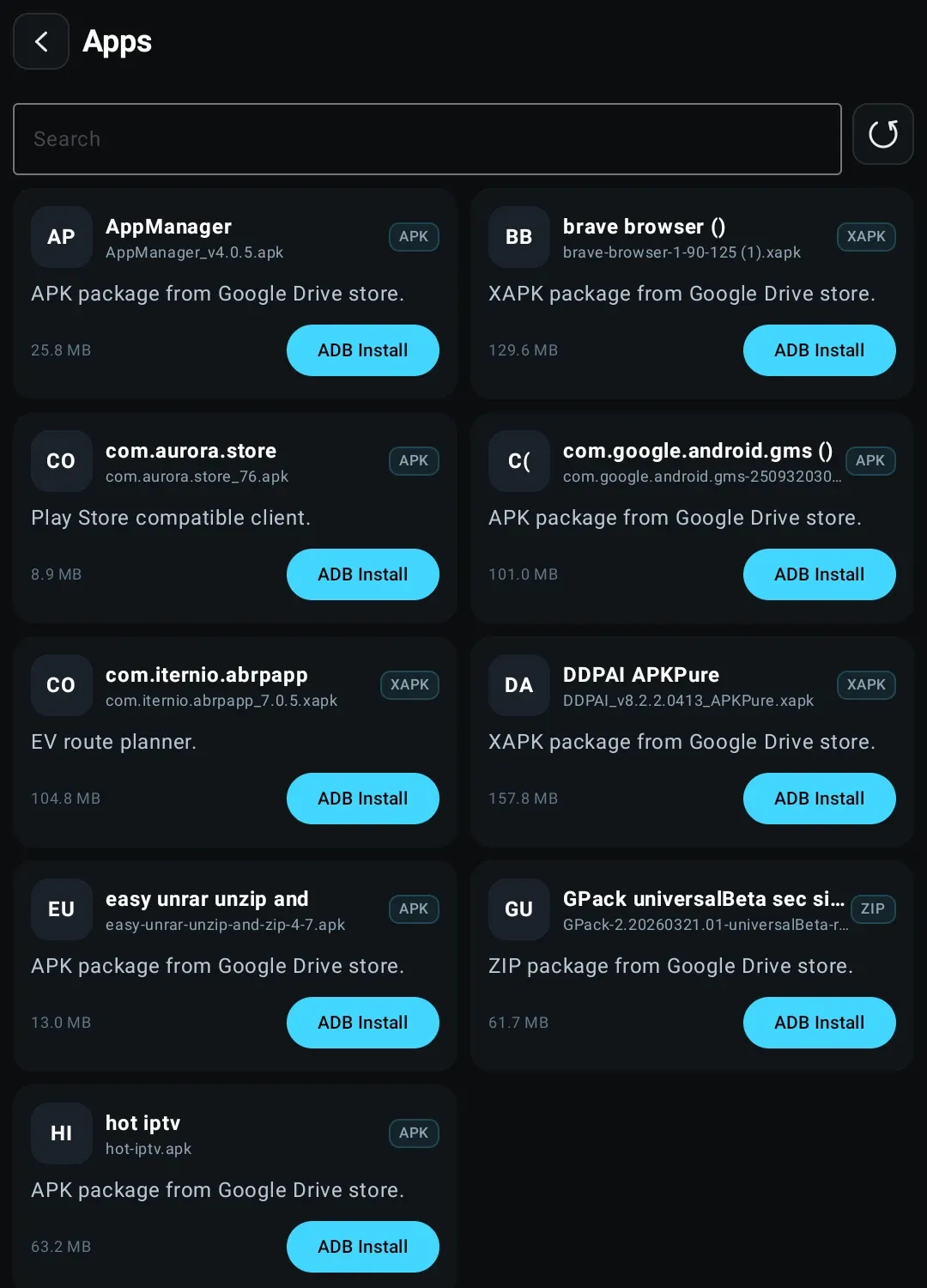 The Apps tab: a searchable grid with AppManager, brave browser, Aurora Store, Google Play services, ABRP 7.0.5, DDPAI and an unrar tool, each with its file size and an ADB Install button