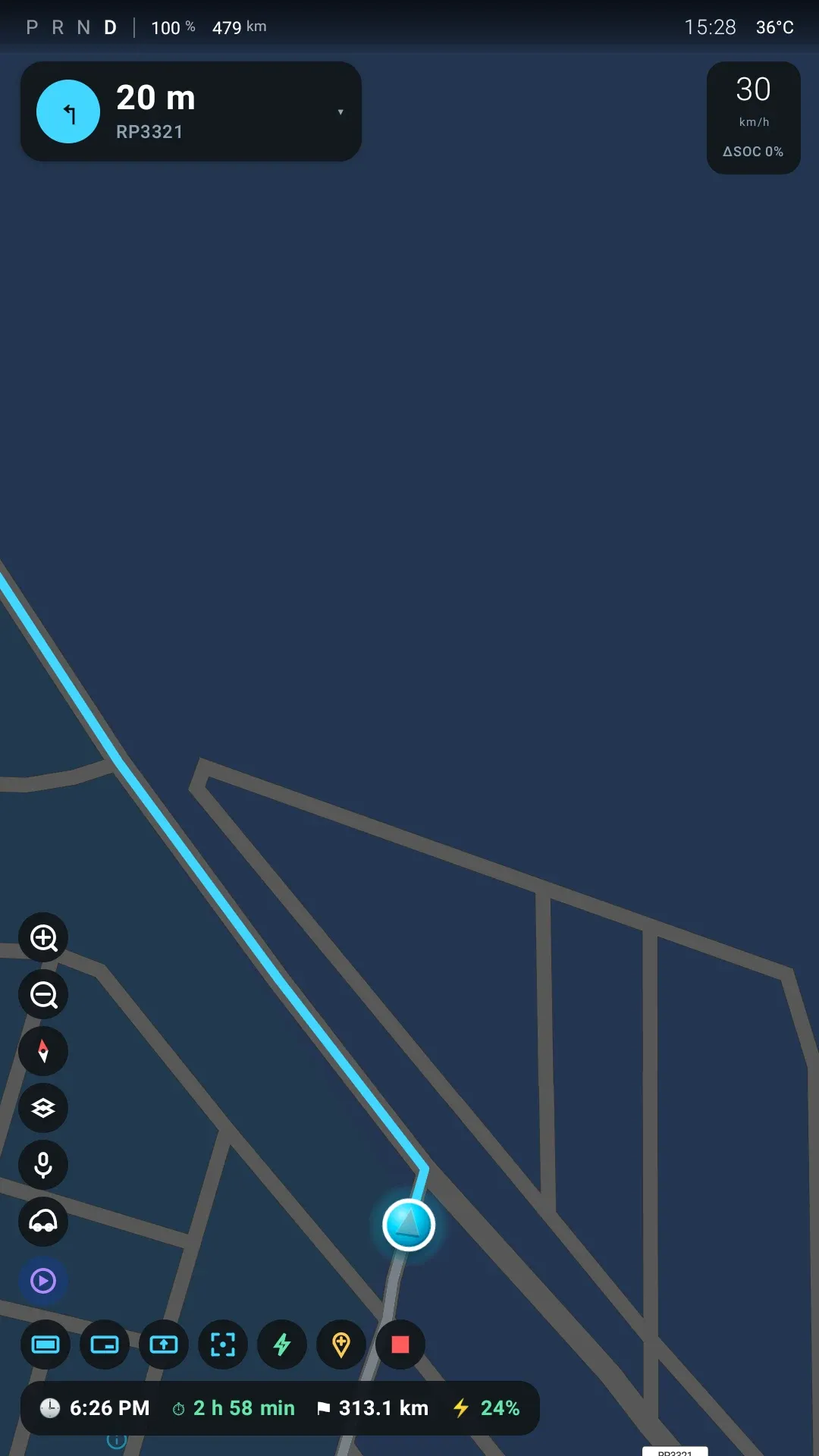 Turn-by-turn on the head unit: a turn card reading 20 m, RP3321, a speed pill showing 30 km/h and delta SOC 0 percent, and a bottom bar reading 6:26 PM, 2 hours 58 minutes, 313.1 km and 24 percent